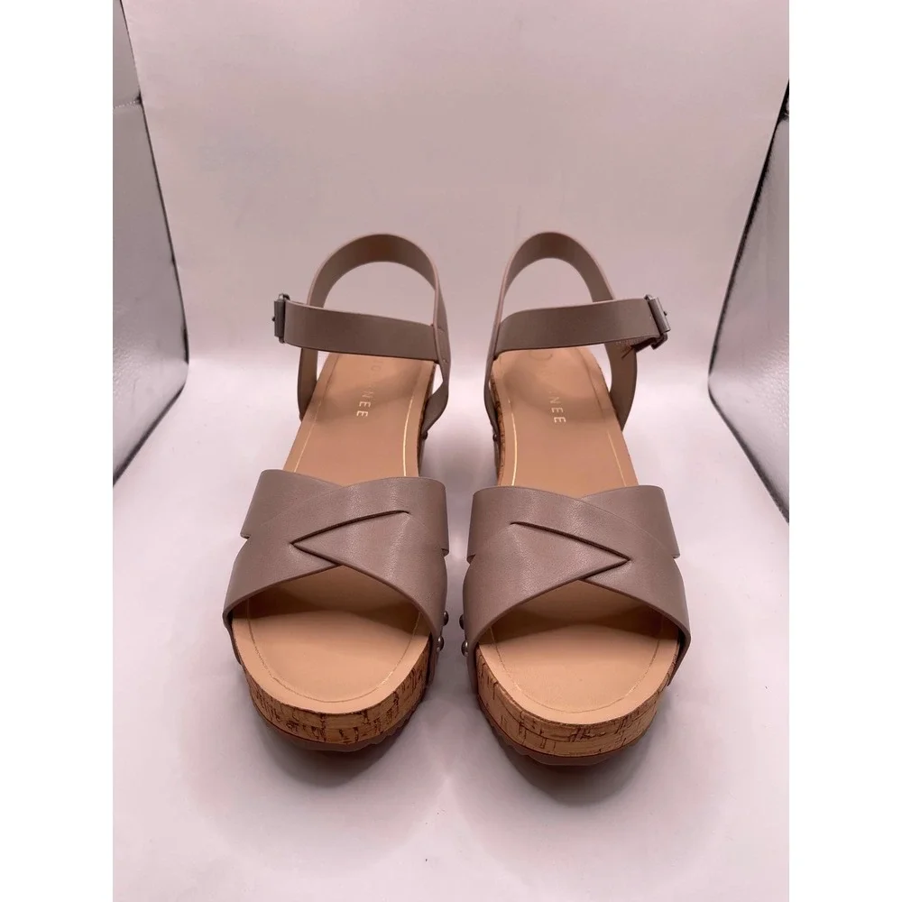 Journee Collection Valentina Taupe Cork Wedge Platform Sandals Studded Womens 9